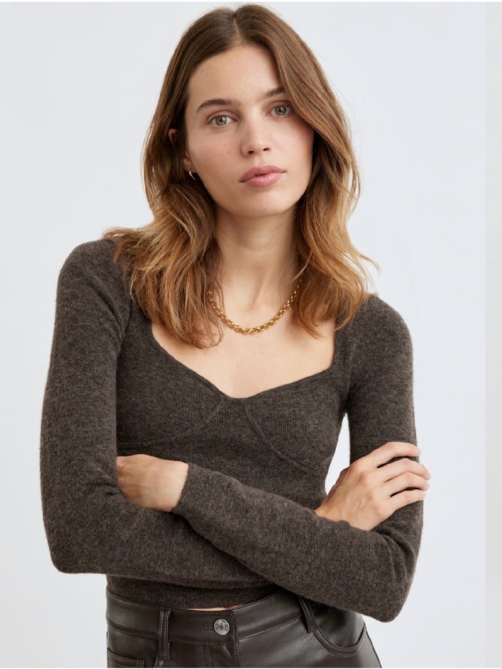 Heather Mocha Brown Cropped Knit Top